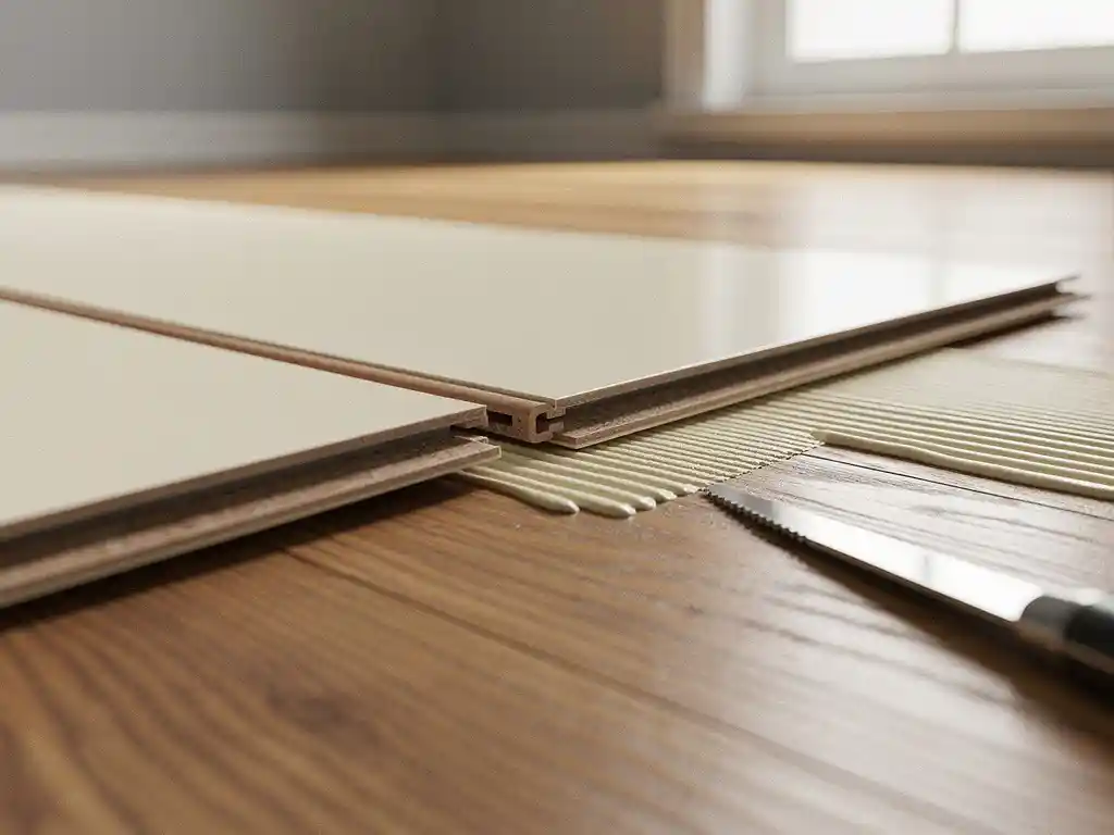 Twee PVC-vloerplanken op eiken ondergrond: één klikt vast met click-locksysteem, naast de andere ligt een lijmtroffel.