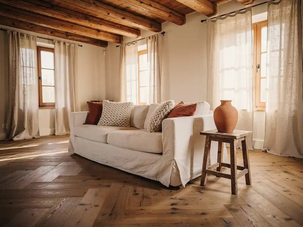 Rustieke woonkamer met visgraatparket van warm eiken, linnen bank, houten dakbalken en terracotta vaas op verweerde bijzettafel.