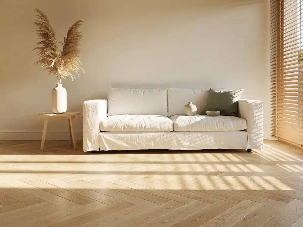 Scandinavische woonkamer met lichteikenhouten visgraatparket, witte linnen bank en pampagras in keramische vaas, zacht ochtendlicht.