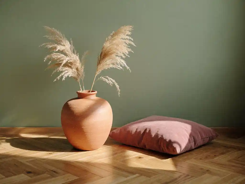 Terracotta vaas met droog pampasgras op eiken visgraatparket, salie groene muur en stoffig roze linnen kussen op de achtergrond.