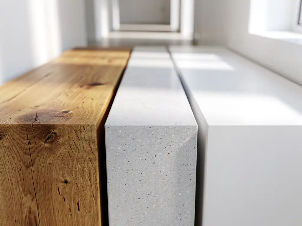 Drie traptrede materialen naast elkaar: warm eiken hout, lichte steen en wit geschilderd hout in moderne Nederlandse hal.
