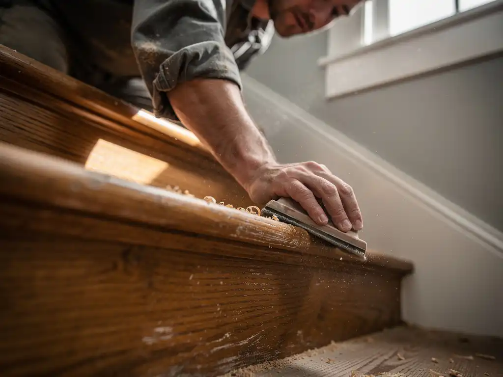 Vakman slijpt met de hand een versleten eikenhouten traptrede, warm houtnerf zichtbaar in naturel licht.