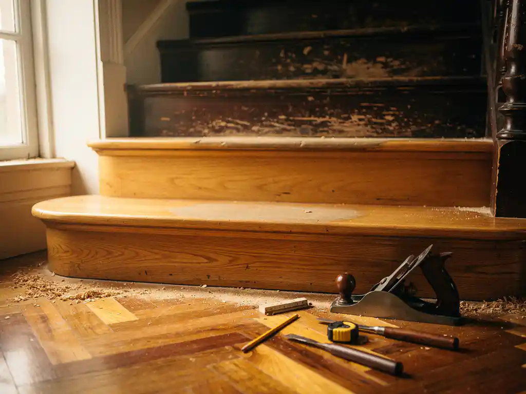 Houten trap in renovatie met nieuwe eiken treden onderaan naast verweerde originele treden, zaagsel op visgraatparket, warm natuurlijk licht.