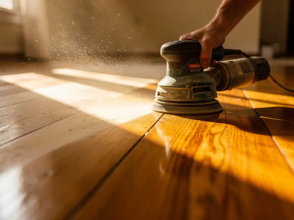 Ambachtsman slijpt eiken houten vloer met vlakschuurmachine, fijn houtsstof in middaglicht, glanzend gelakt gedeelte zichtbaar op achtergrond.
