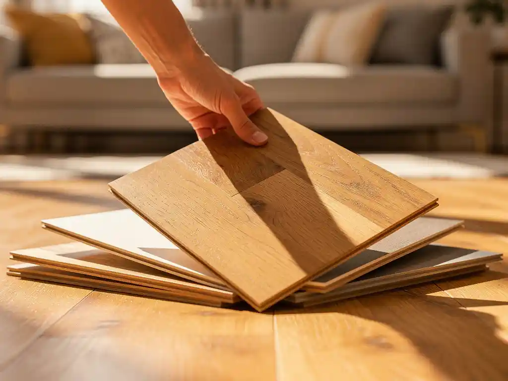 Hand die een warme eiken parketvloer sample vergelijkt met andere hout- en PVC vloerstalen in een zonnige woonkamer.