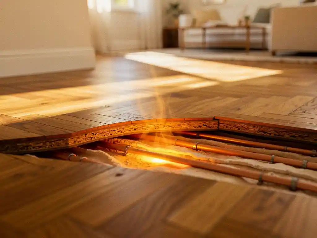 Doorsnede van honingkleurig eiken visgraatparket met vloerverwarmingsbuizen eronder, warm goudkleurig middaglicht op de houtnerf.